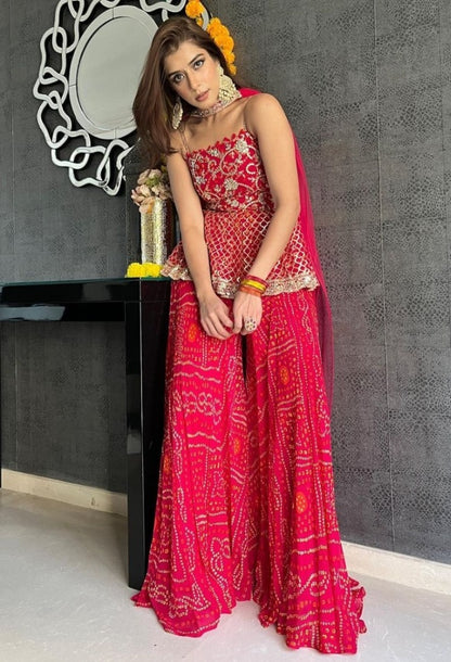 Red georgette embroidered printed sharara suit