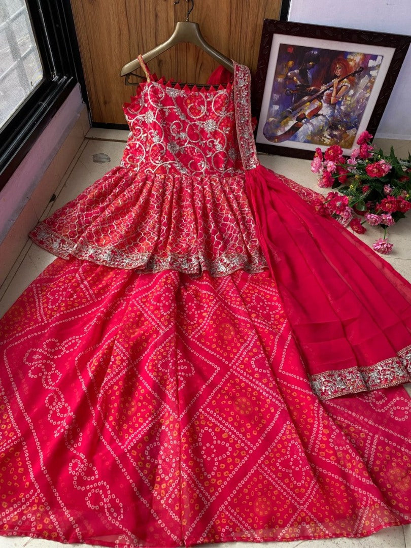 Red georgette embroidered printed sharara suit