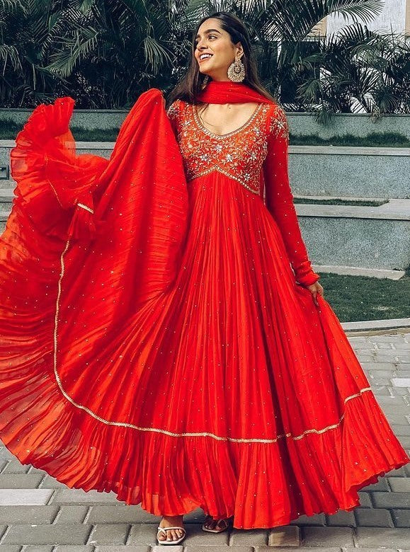 Red georgette embroidered ruffle layered anarkali suit