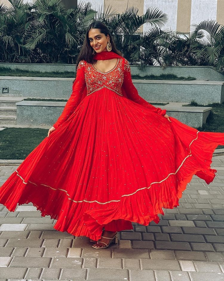 Red georgette embroidered ruffle layered anarkali suit