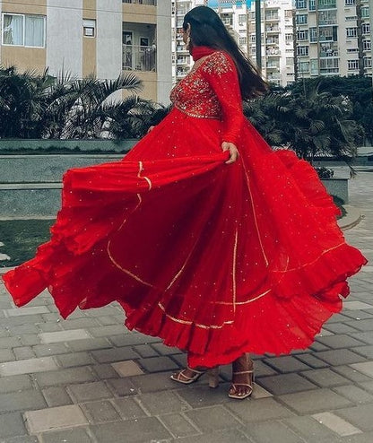 Red georgette embroidered ruffle layered anarkali suit