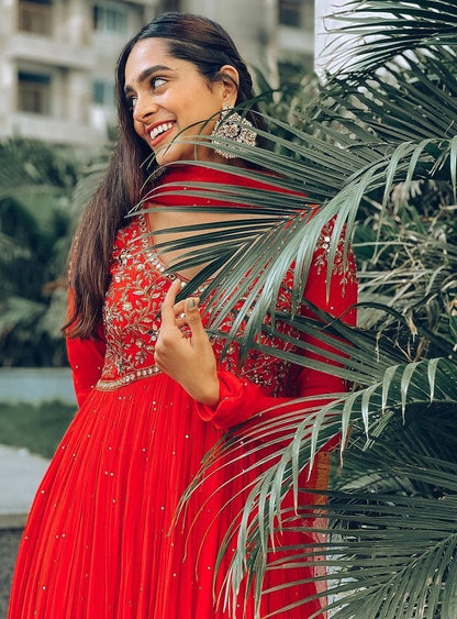 Red georgette embroidered ruffle layered anarkali suit