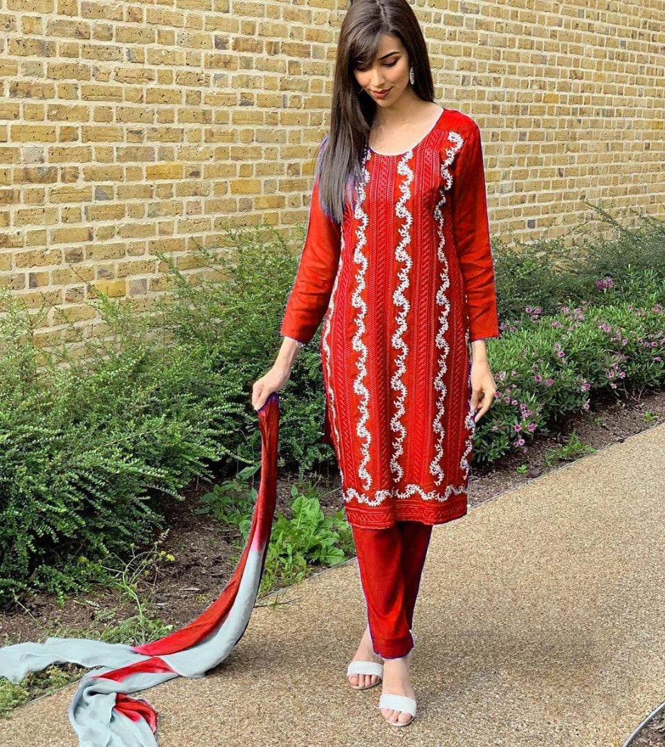 Red georgette embroidered salwar suit