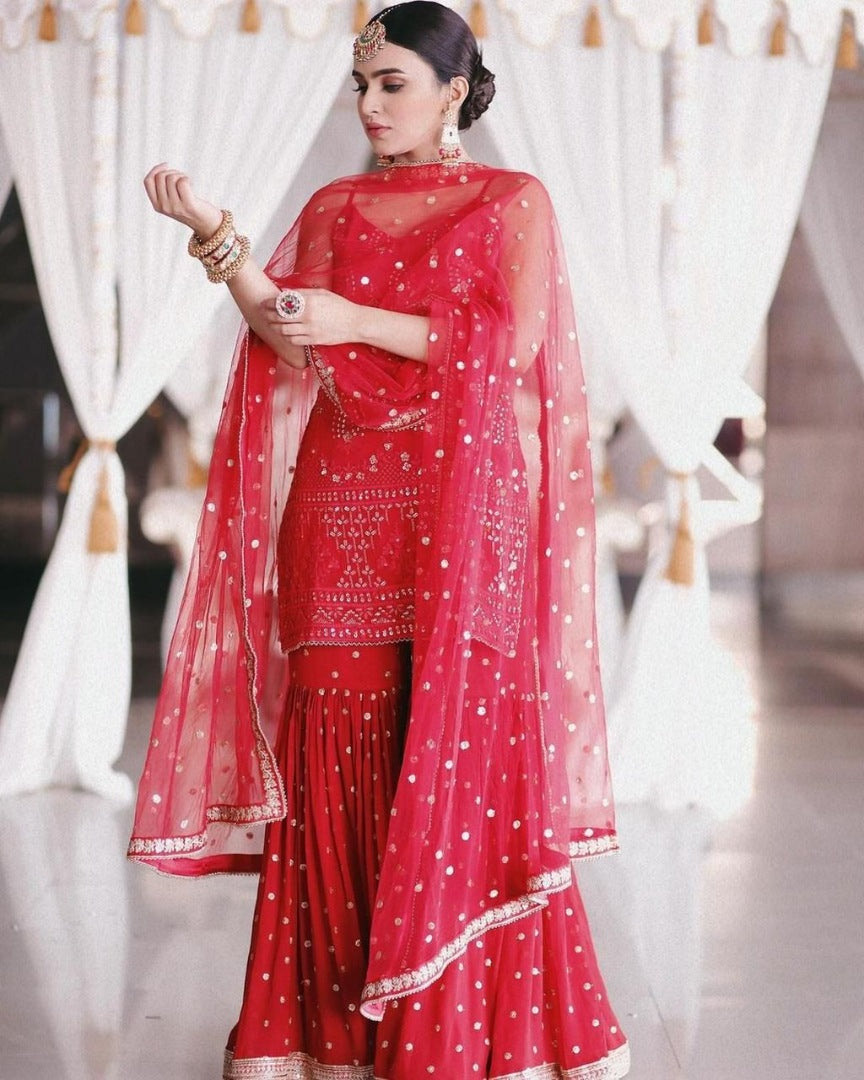 Red georgette embroidered sequence work sharara suit