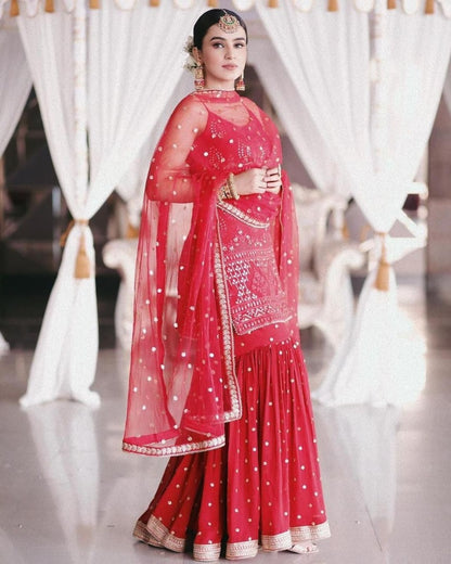Red georgette embroidered sequence work sharara suit