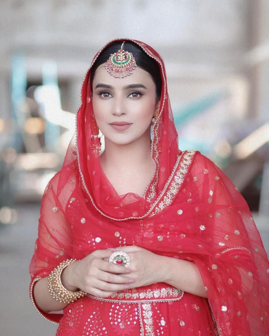 Red georgette embroidered sequence work sharara suit