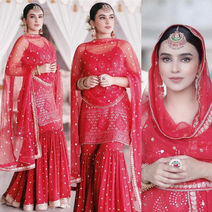 Red georgette embroidered sequence work sharara suit