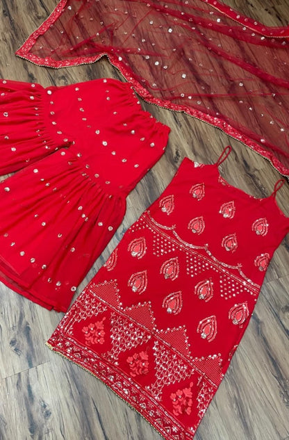 Red georgette embroidered sequence work sharara suit