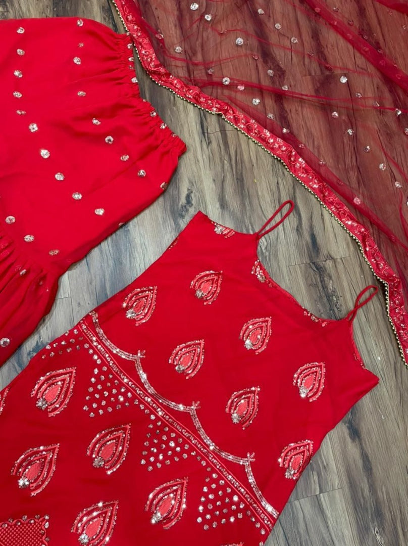 Red georgette embroidered sequence work sharara suit