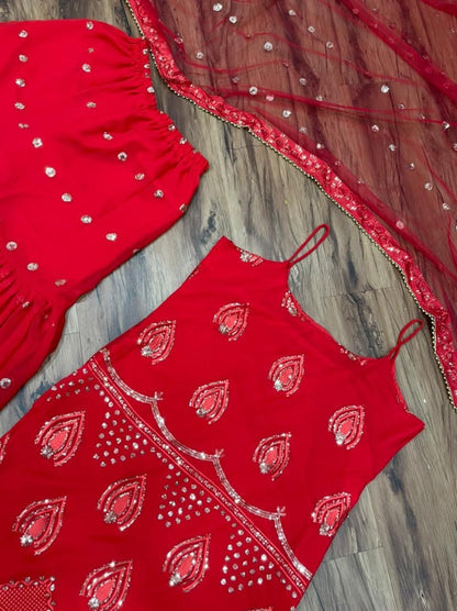 Red georgette embroidered sequence work sharara suit