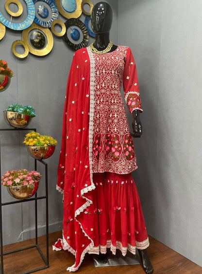 Red georgette embroidered sharara salwar suit
