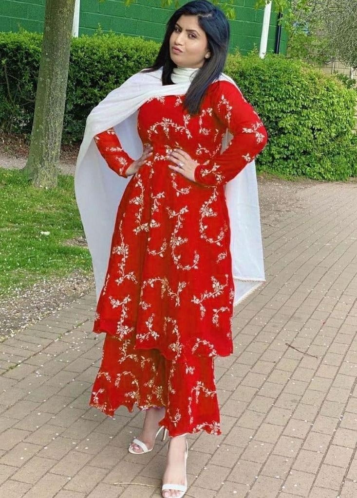 Red georgette embroidered sharara suit
