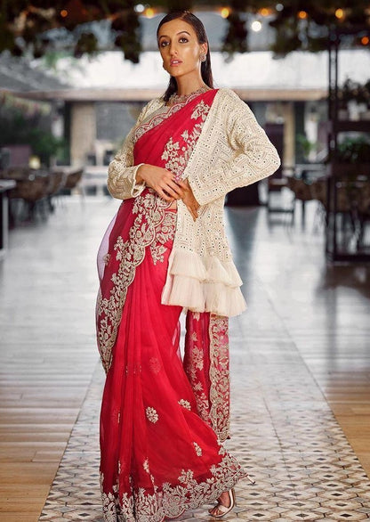 Red georgette embroidered silk saree with taffeta koti