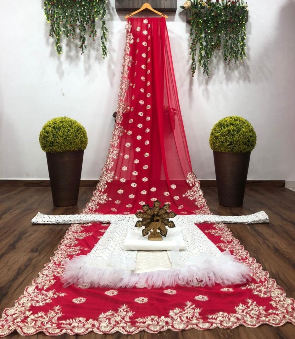 Red georgette embroidered silk saree with taffeta koti