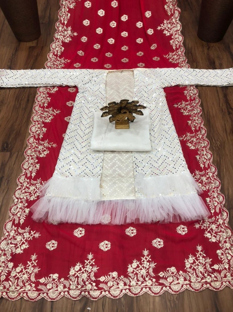 Red georgette embroidered silk saree with taffeta koti