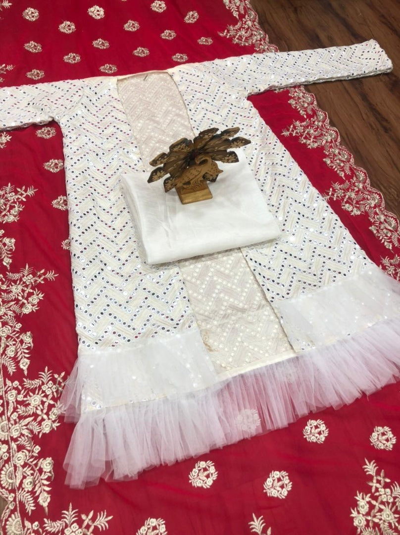 Red georgette embroidered silk saree with taffeta koti