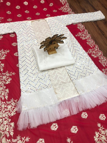 Red georgette embroidered silk saree with taffeta koti