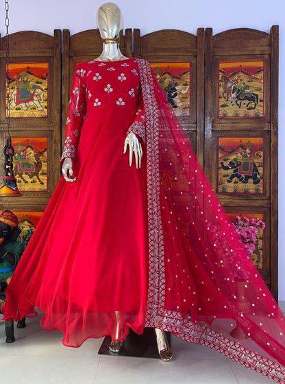 Red georgette embroidered umbrella flair gown