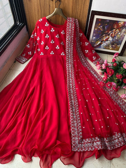 Red georgette embroidered umbrella flair gown
