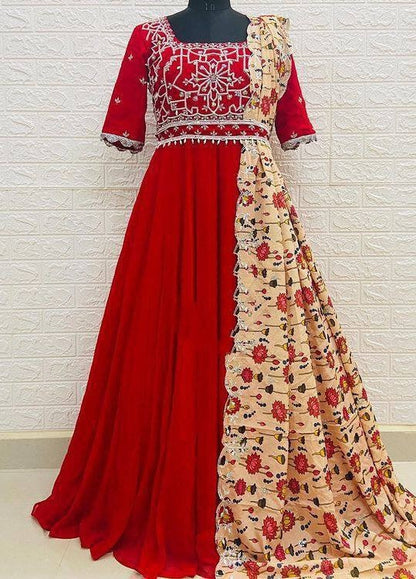 Red georgette embroidered umbrella flair party wear gown