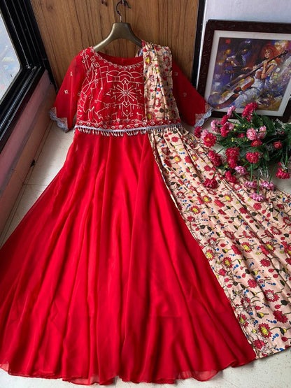 Red georgette embroidered umbrella flair party wear gown