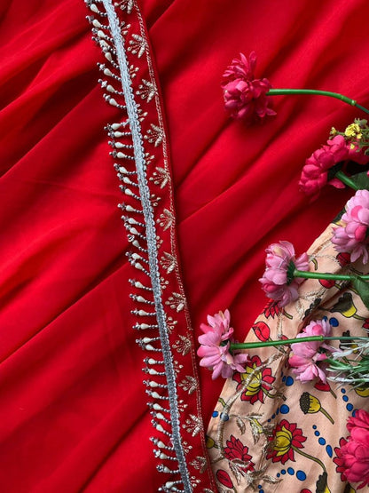 Red georgette embroidered umbrella flair party wear gown