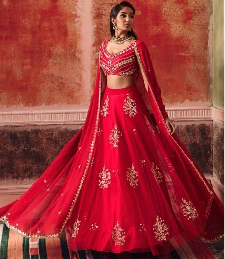 red georgette embroidered wedding lehenga