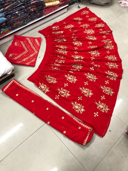 red georgette embroidered wedding lehenga