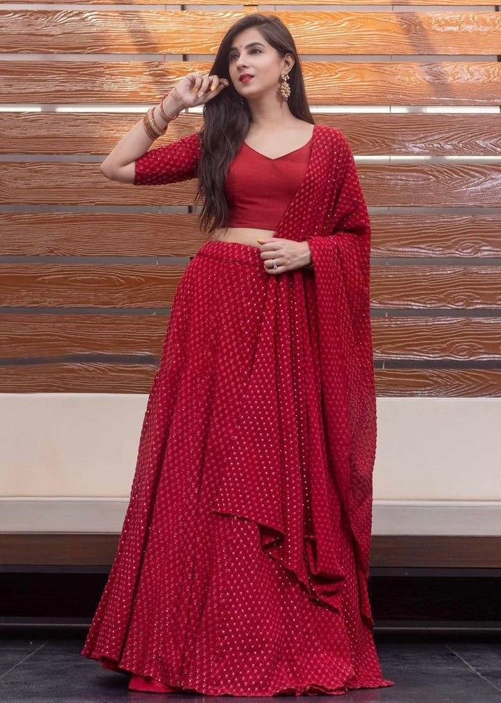 Red georgette embroidered wedding lehenga choli