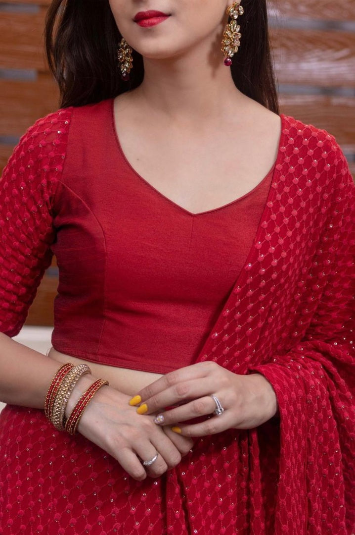 Red georgette embroidered wedding lehenga choli