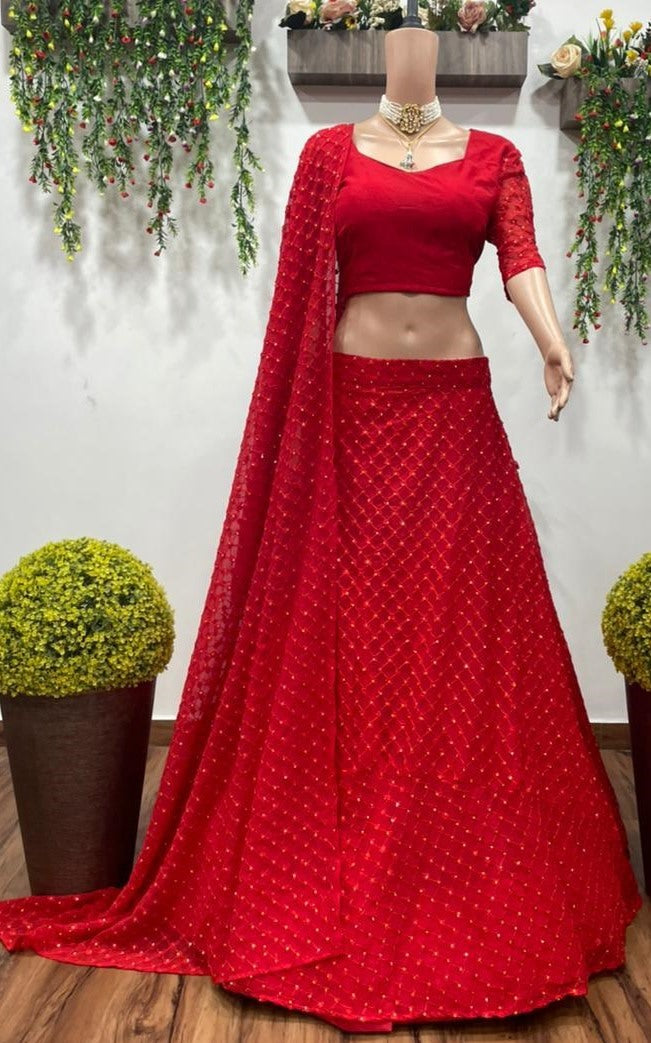 Red georgette embroidered wedding lehenga choli