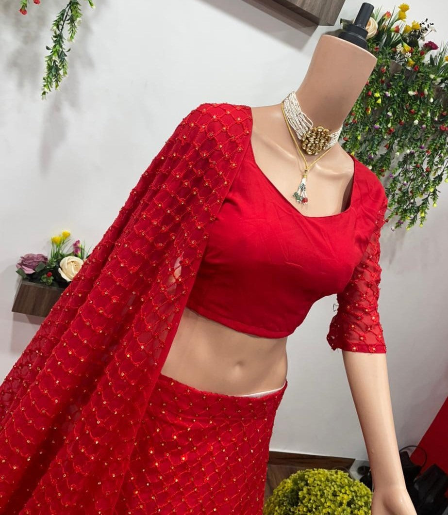 Red georgette embroidered wedding lehenga choli