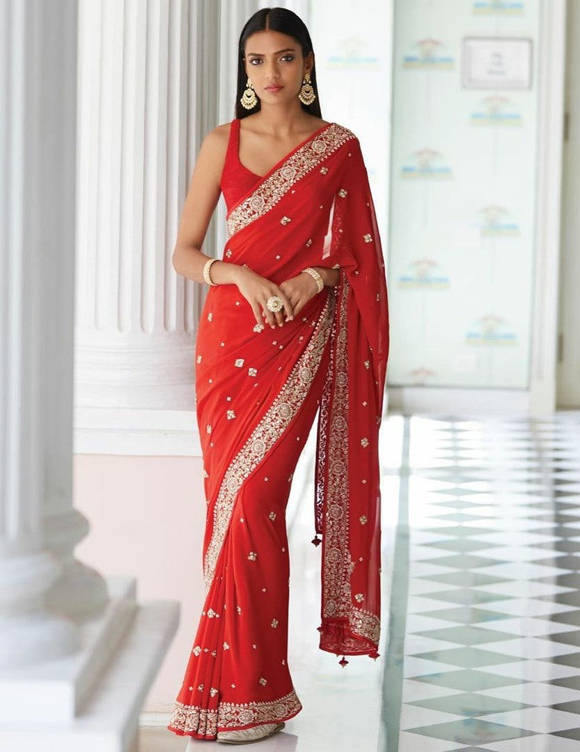 Red georgette embroidered wedding wear saree