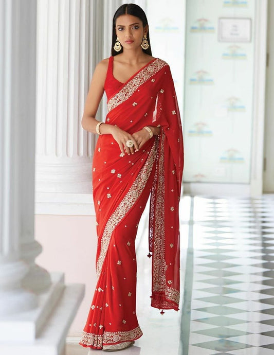 Red georgette embroidered wedding wear saree