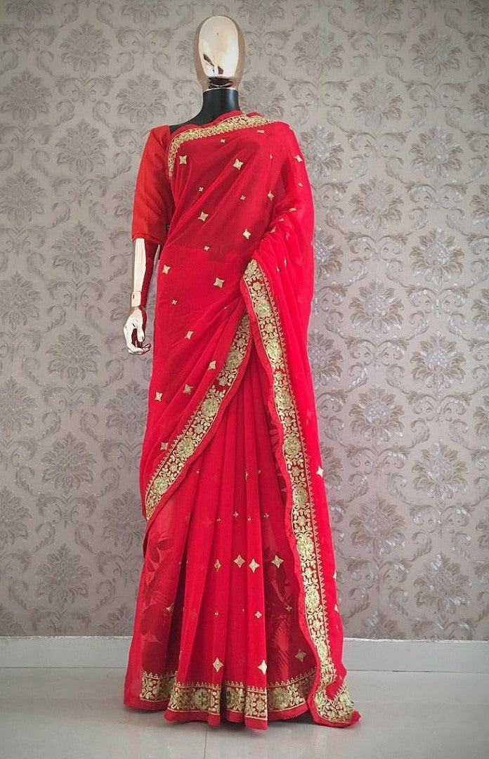Red georgette embroidered wedding wear saree