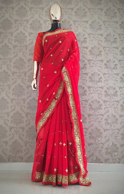 Red georgette embroidered wedding wear saree