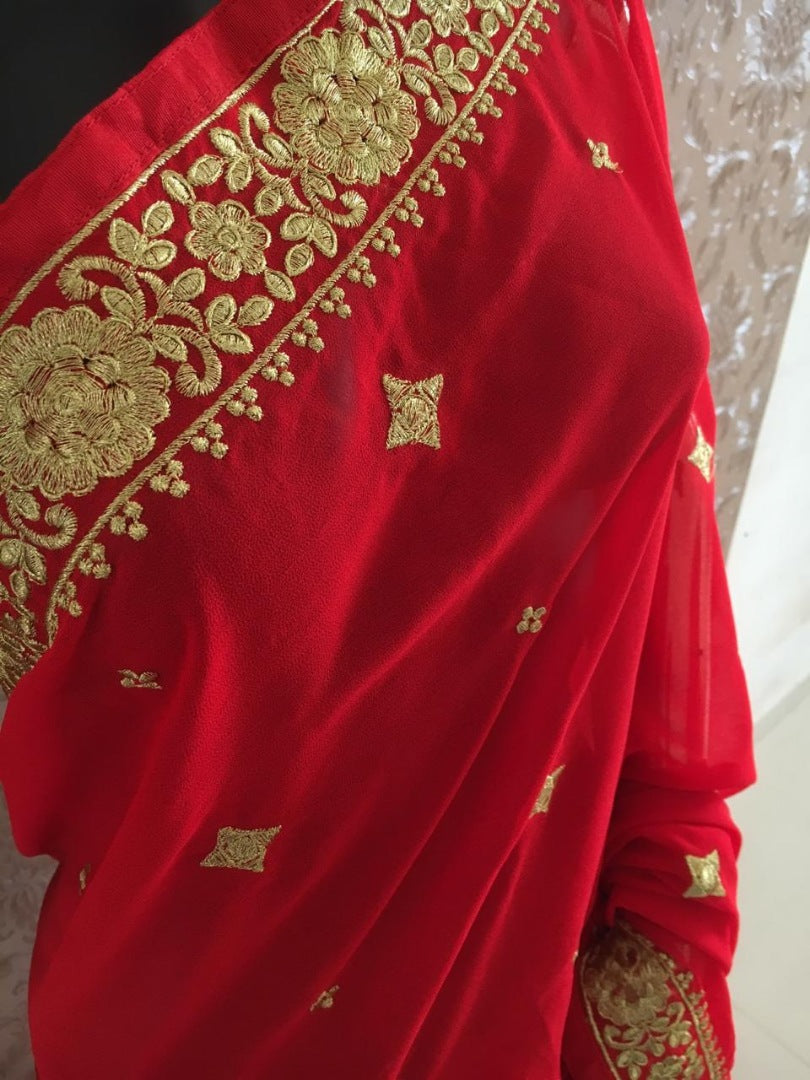 Red georgette embroidered wedding wear saree