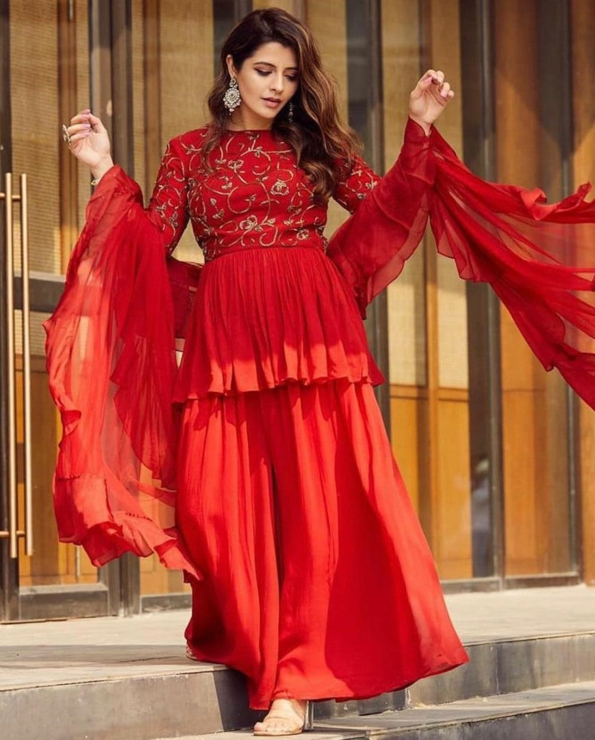 Red georgette embroidered work plazzo suit