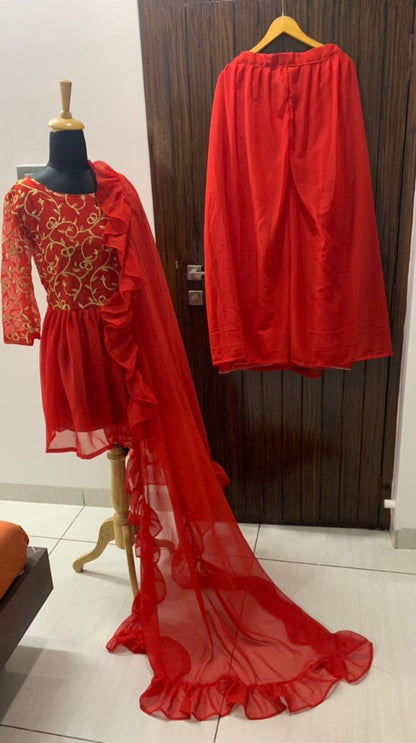Red georgette embroidered work plazzo suit