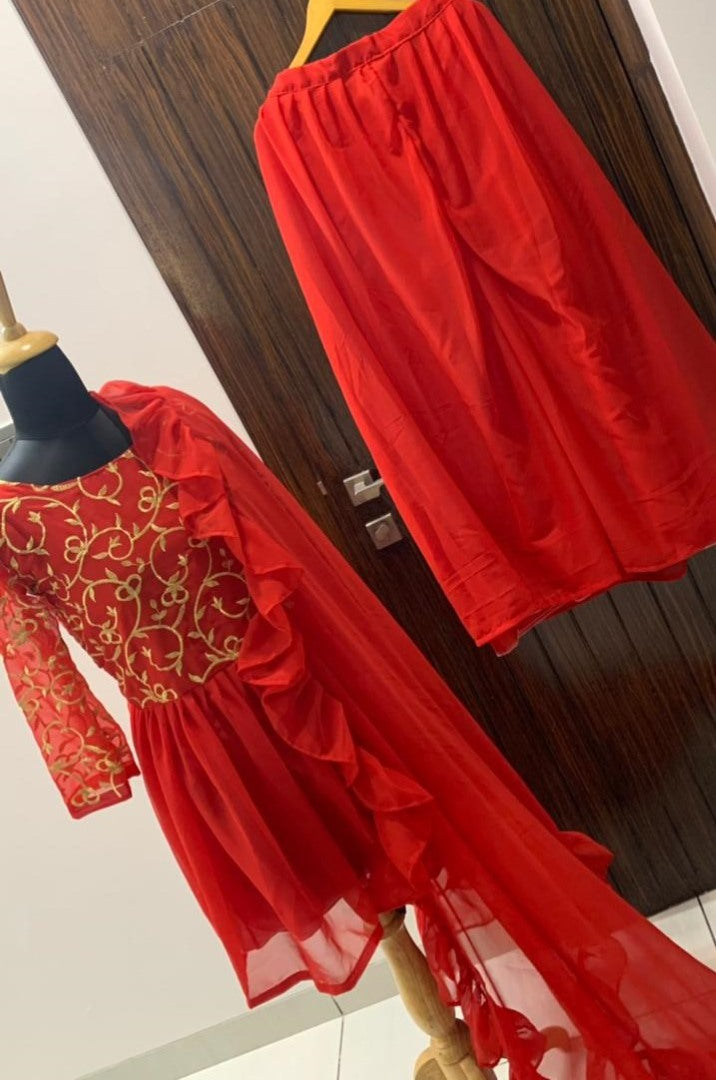 Red georgette embroidered work plazzo suit