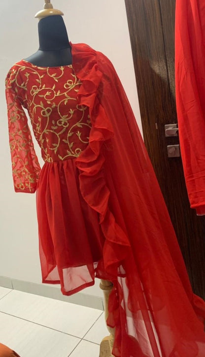 Red georgette embroidered work plazzo suit