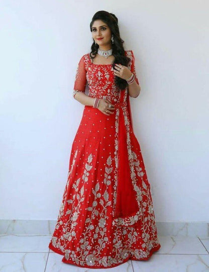 Red georgette embroidery and moti work long gown with dupatta