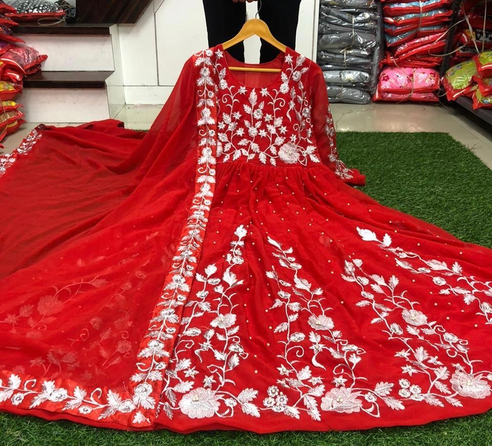 Red georgette embroidery and moti work long gown with dupatta