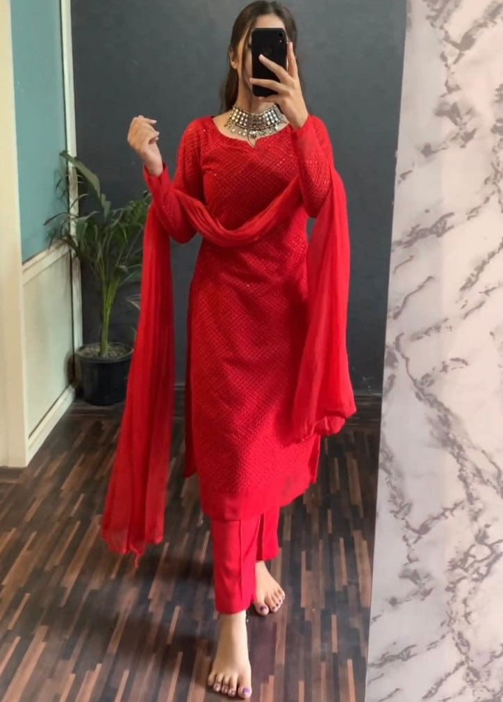 Red georgette embroidery work pant party wear salwar suit