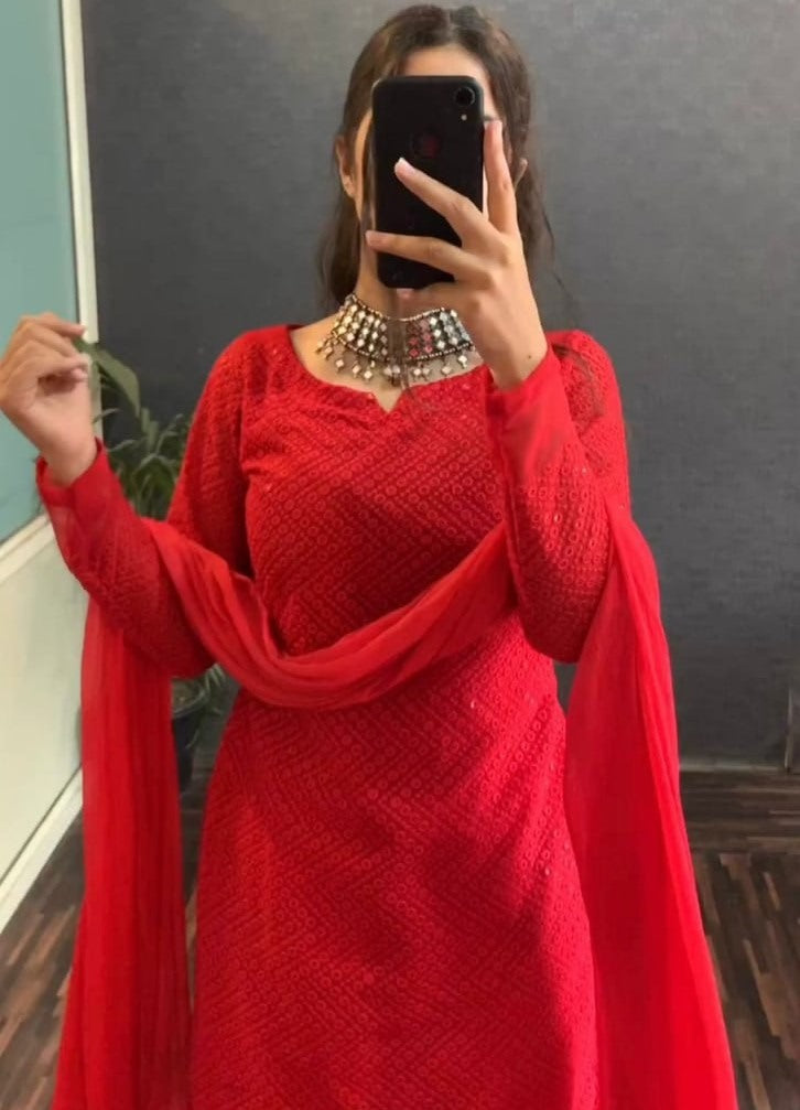 Red georgette embroidery work pant party wear salwar suit