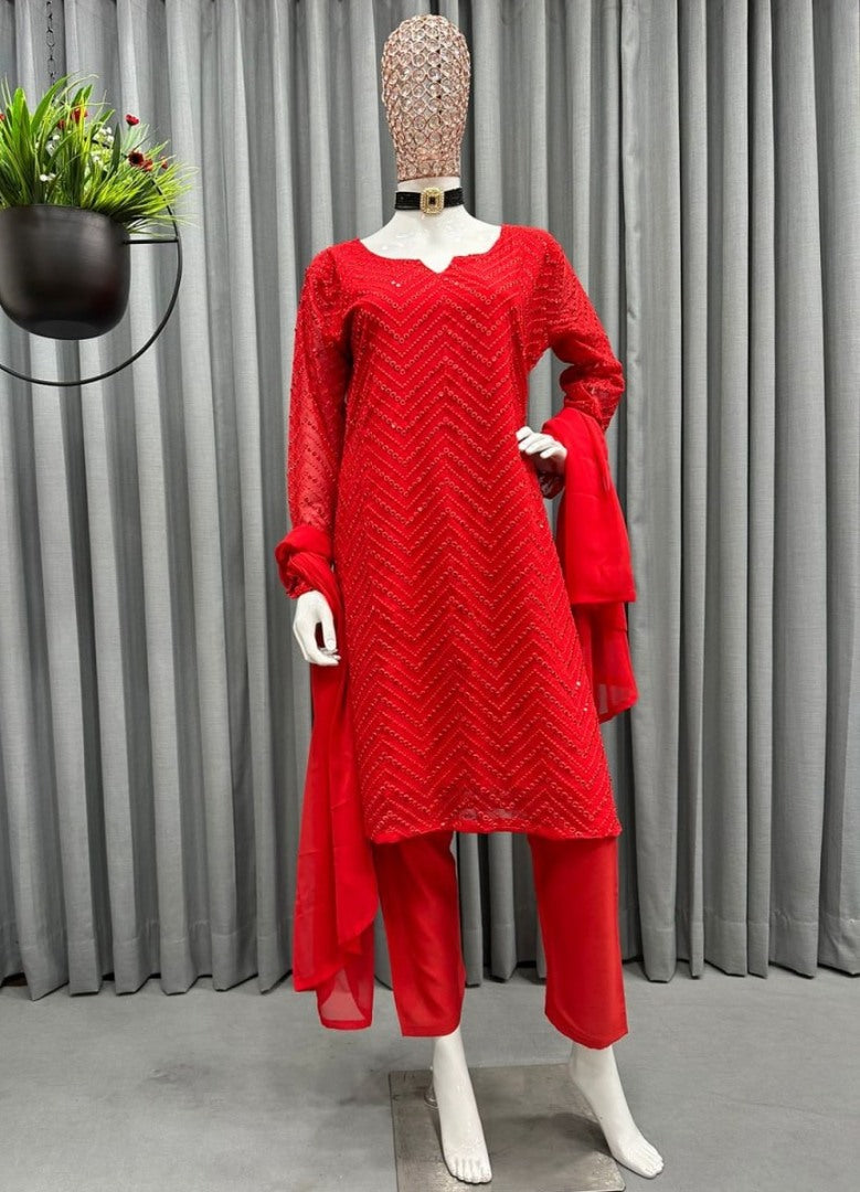 Red georgette embroidery work pant party wear salwar suit