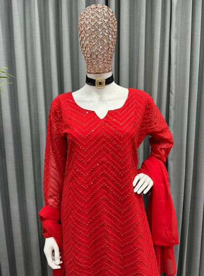 Red georgette embroidery work pant party wear salwar suit
