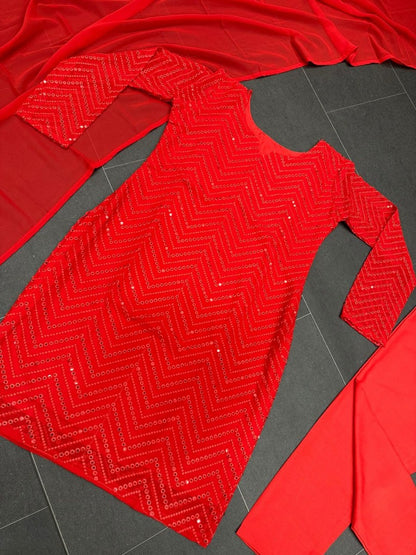 Red georgette embroidery work pant party wear salwar suit