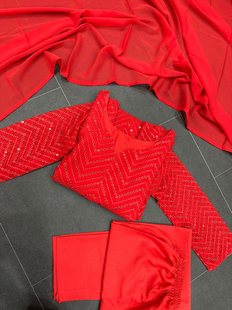 Red georgette embroidery work pant party wear salwar suit