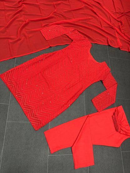 Red georgette embroidery work pant party wear salwar suit